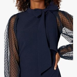 NWT Vince Camuto Navy Blue Bow Neck Shift Dress with Flock Mesh Dot Sleeves